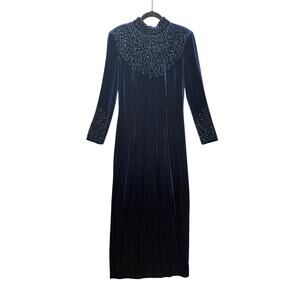 After Dark 90s Vintage Beaded Velvet Long Sleeve Maxi Dress Women Size 14